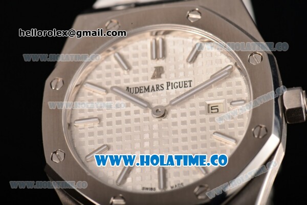 Audemars Piguet Royal Oak Lady Swiss Quartz Steel Case with White Leather Strap White Dial and Stick Markers - Click Image to Close